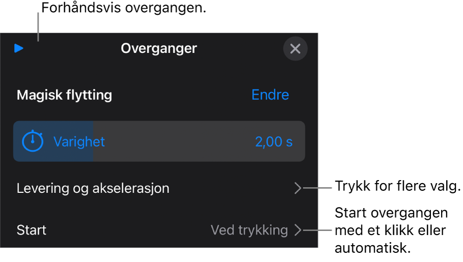 Magisk flytting-kontroller i Overganger-panelet.