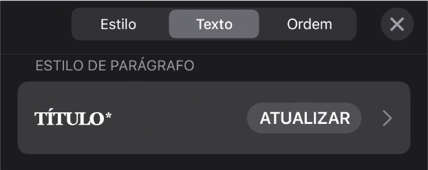 Um estilo de parágrafo com um asterisco junto ao mesmo e um botão “Atualizar” à direita.