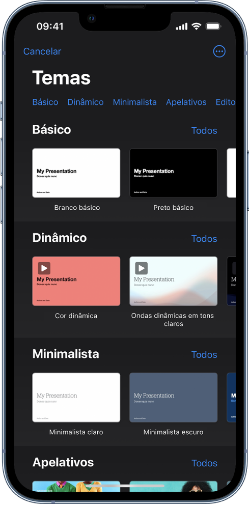  A lista de temas com uma linha de categorias visível na parte superior, na qual é possível tocar para filtrar as opções. Por baixo encontram-se as miniaturas de temas preconcebidos organizados em linhas por categoria.