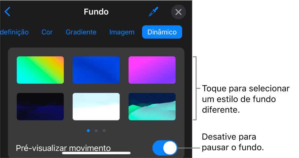 Os controlos de fundo dinâmico com as miniaturas do estilo de fundo e o botão “Pré‑visualizar movimento” apresentados.