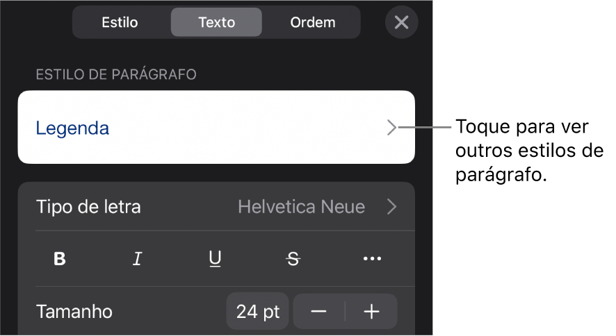 O menu "Formatação” a apresentar controlos de texto para definir estilos de parágrafo e carácter, tipo de letra, tamanho e cor.