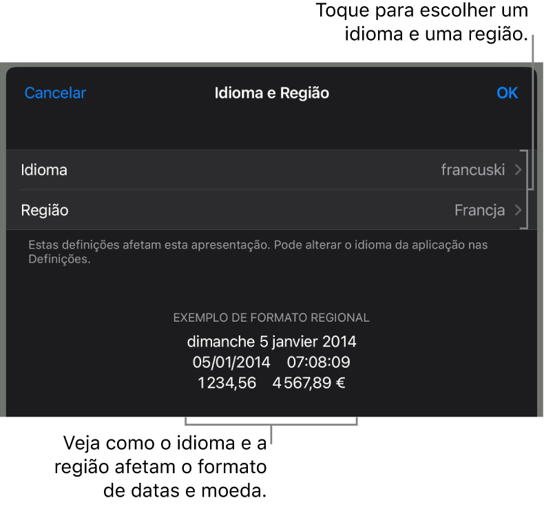 O painel “Idioma e região” com controlos de idioma e região e um exemplo da formatação, incluindo data, hora, decimal e moeda.