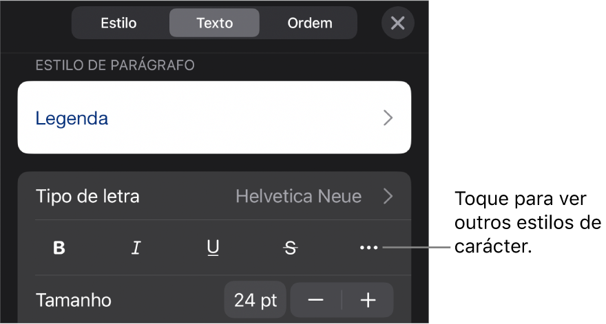 Os controlos de “Formatação” com estilos de parágrafo na parte superior e depois os controlos de tipo de letra. Sob “Tipo de letra” encontram-se os botões “Negrito”, “Itálico”, “Sublinhado”, “Riscado” e “Mais opções de texto”.