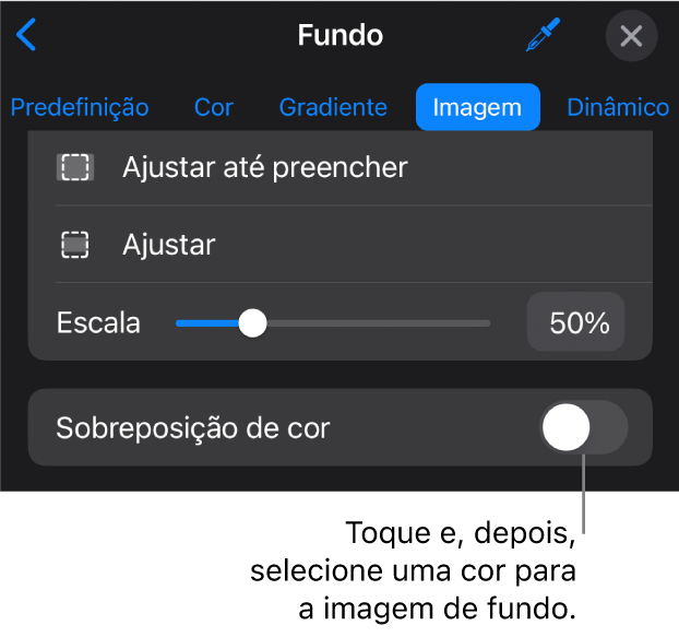 Os controlos de fundo, com uma imagem definida como o fundo do diapositivo e o controlo “Sobreposição de cor” na parte inferior.