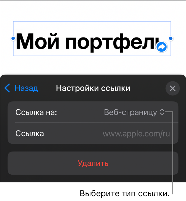 Элементы управления «Настройки ссылки»; выбран элемент «Веб-страница». В нижней части экрана показана кнопка «Удалить».