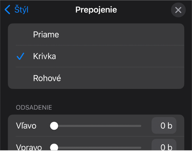 Ovládacie prvky Spojenie s vybranou možnosťou Krivka.