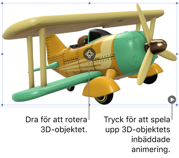 Ett 3D-objekt med knappen Rotera i mitten av objektet och uppspelningsknappen i det nedre högra hörnet.