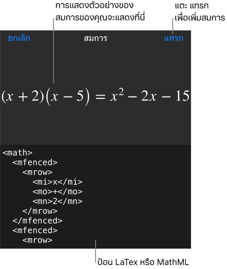 หน้าต่างโต้ตอบสมการ ที่แสดงสมการที่เขียนโดยใช้คำสั่ง MathML และการแสดงตัวอย่างของสูตรด้านบน