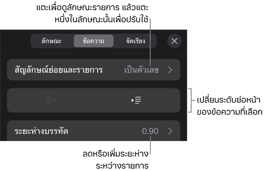 ส่วนสัญลักษณ์ย่อยและรายการของตัวควบคุมรูปแบบที่มีคำบรรยายสำหรับสัญลักษณ์ย่อยและรายการ ปุ่มการเยื้องออกและการเยื้องเข้า และตัวควบคุมระยะห่างบรรทัด