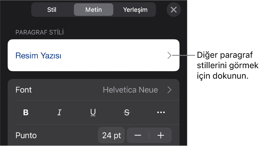 Paragraf ve karakter stillerini, fontu, puntoyu ve rengi ayarlamayla ilgili metin denetimlerini gösteren Biçim menüsü.