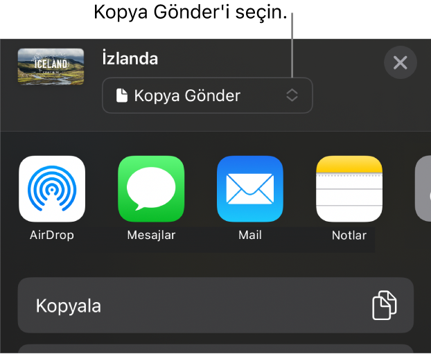 Paylaş menüsü, en üstte Kopya Gönder seçili.