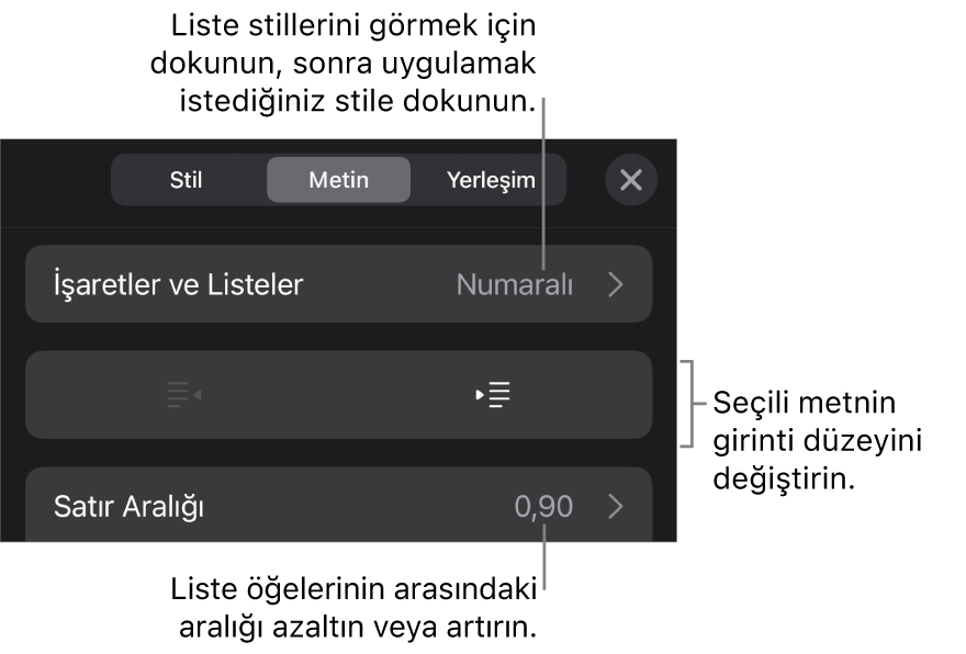 Madde İşaretleri ve Listeler, çıkıntı ve girinti düğmeleri ve de satır aralığı denetimlerini gösteren belirtme çizgileri ile Biçim denetimlerinin Madde İşaretleri ve Listeler bölümü.