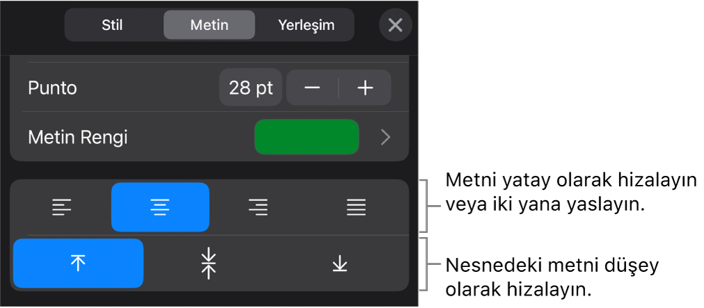 Metin hizalama düğmelerine belirtimler gösteren Biçim düğmesinin Hizalama bölümü.