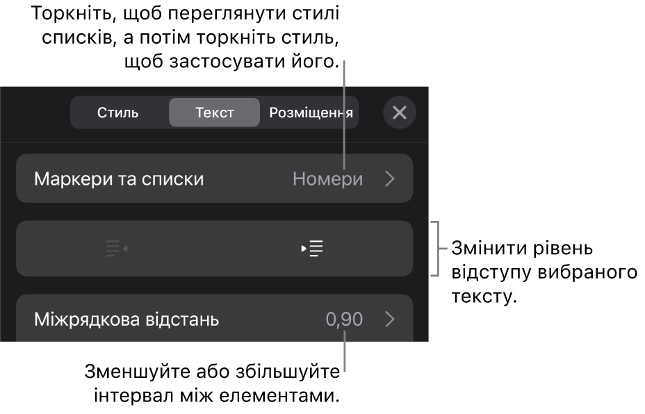 Розділ «Маркери і списки» елементів керування «Формат» з виносками на «Маркери і списки», кнопки виступів і відступів та елементи керування інтервалами.