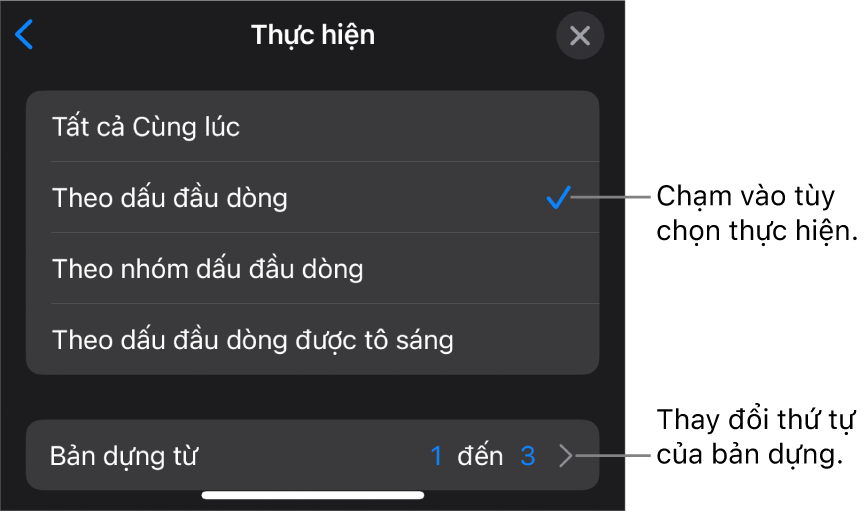 Tùy chọn Thực hiện trong khung Xuất hiện.