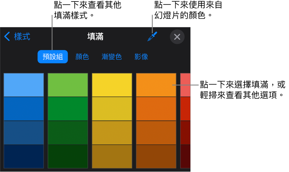 「樣式」分頁中的「填滿」選項。