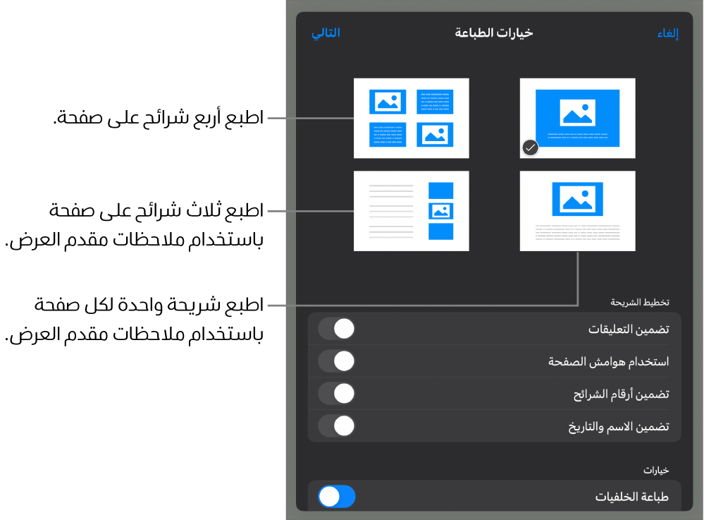 طباعة خيارات التخطيط.