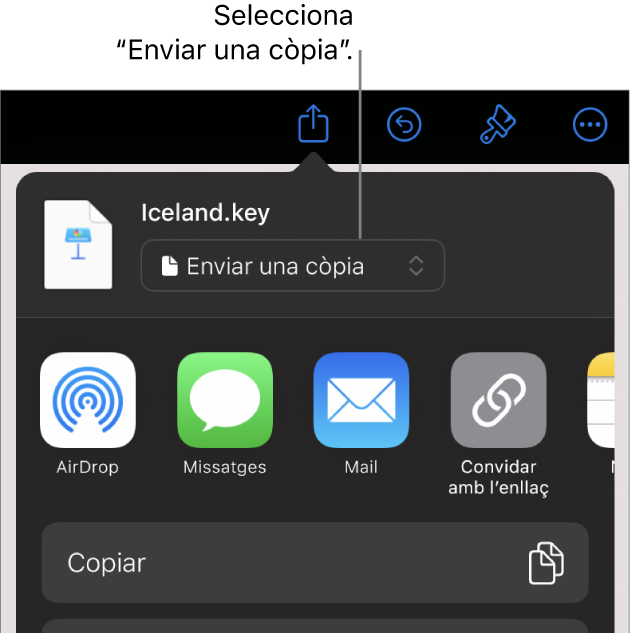 Menú “Comparteix” amb l’opció “Envia una còpia” seleccionada a la part superior.