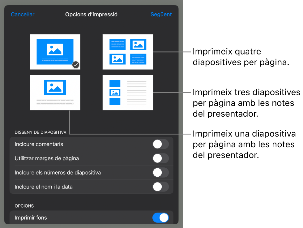 Opcions de disseny d’impressió.