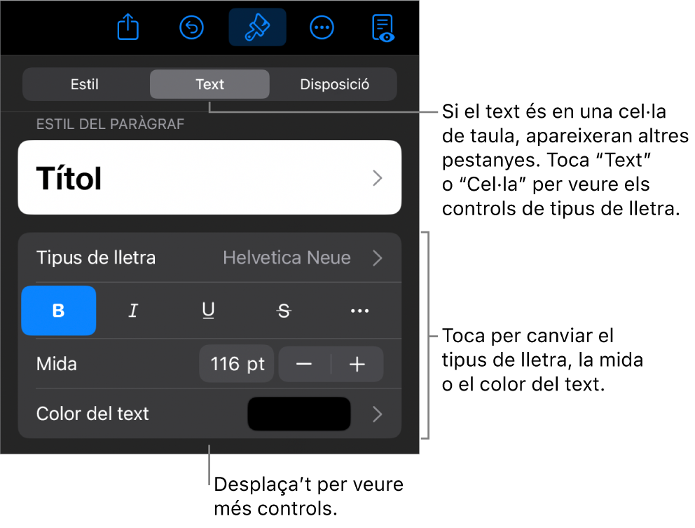 Controls de text al menú Format per definir els estils de paràgraf i de caràcter, el tipus de lletra, la mida i el color.