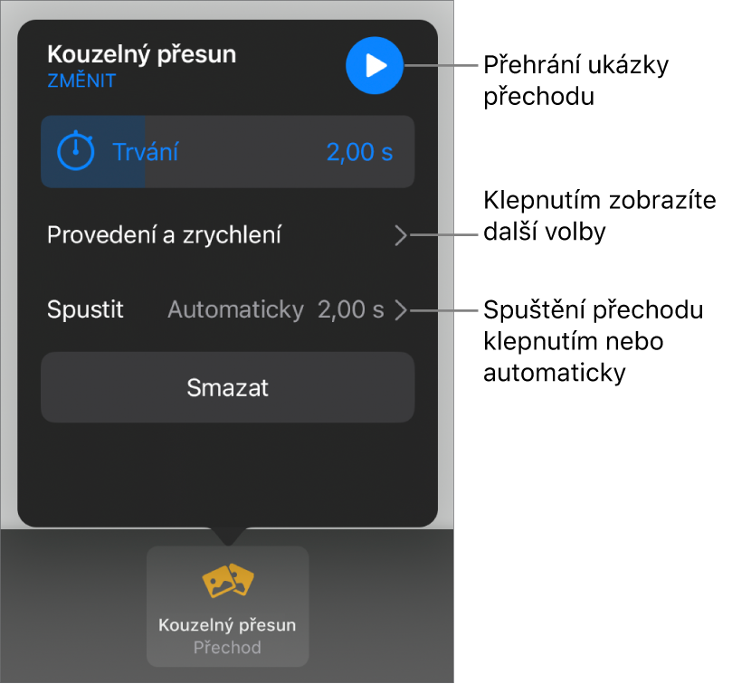 Ovládací prvky funkce Kouzelný přesun na panelu Přechody