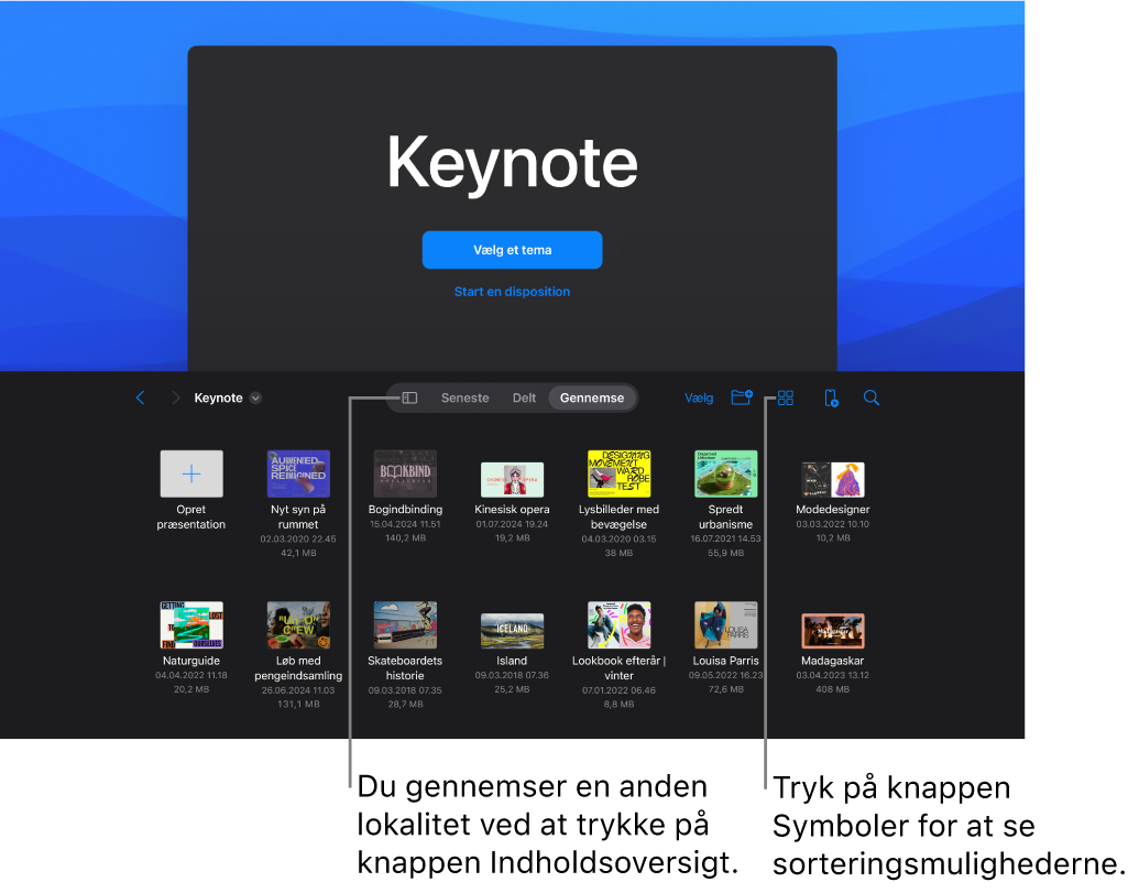 Gennemse er valgt i dokumentadministrationen. Knappen Indholdsoversigt er i øverste venstre hjørne. Øverst til højre er knapperne Tilføj, Ny mappe og Symboler (som kan sorteres efter navn, dato, størrelse eller mærke), knappen Vælg og knappen Søg. Derunder er der miniaturer af eksisterende præsentationer.