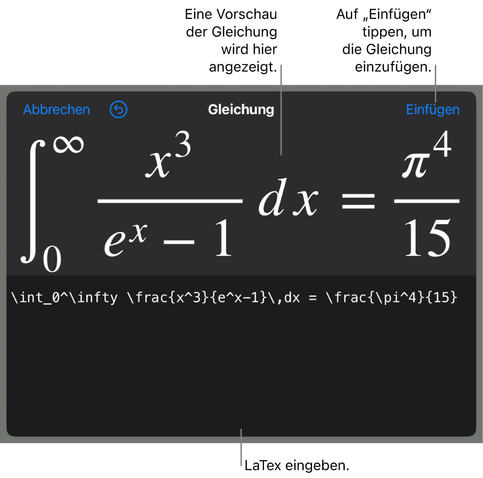 Im Dialogfenster „Gleichung“ wird eine Gleichung angezeigt, die mit LaTex-Befehlen geschrieben wurde, darüber wird eine Vorschau der Formel angezeigt.