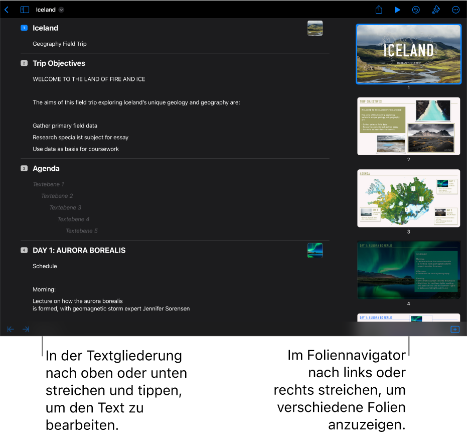Die Gliederungsansicht mit der Textgliederung einer Präsentation auf der linken Bildschirmseite und dem vertikalen Foliennavigator auf der rechten Seite.