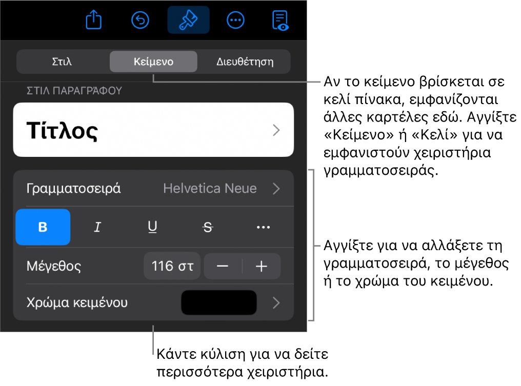 Στοιχεία ελέγχου κειμένου στο μενού «Μορφή» για τον καθορισμό στιλ παραγράφων και χαρακτήρων, γραμματοσειράς, μεγέθους και κειμένου.
