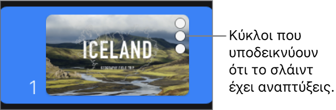 Ένα σλάιντ με τρεις κύκλους στην πάνω δεξιά γωνία που υποδεικνύουν ότι το σλάιντ διαθέτει αναπτύξεις.