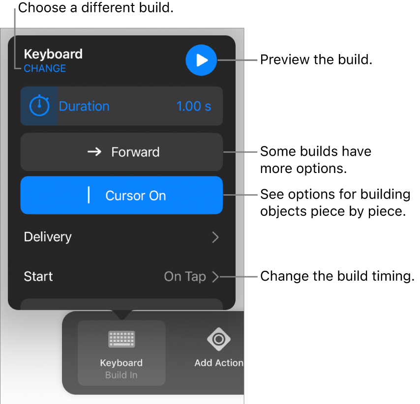 Build options include Duration, Delivery and Start timing. Tap Change to choose a different build or tap Preview to preview the build.