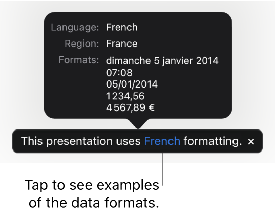 The notification of the different language and region settings, showing examples of formatting for that language and region.