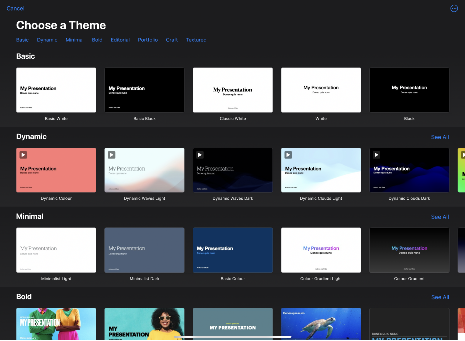 The theme chooser, showing a row of categories across the top that you can tap to filter the options. Below are thumbnails of pre-designed themes arranged in rows by category, starting with Basic at the top and followed by Dynamic, Minimal and Bold. A See All button appears above and to the right of each category row. The Cancel button is in the top-left corner.