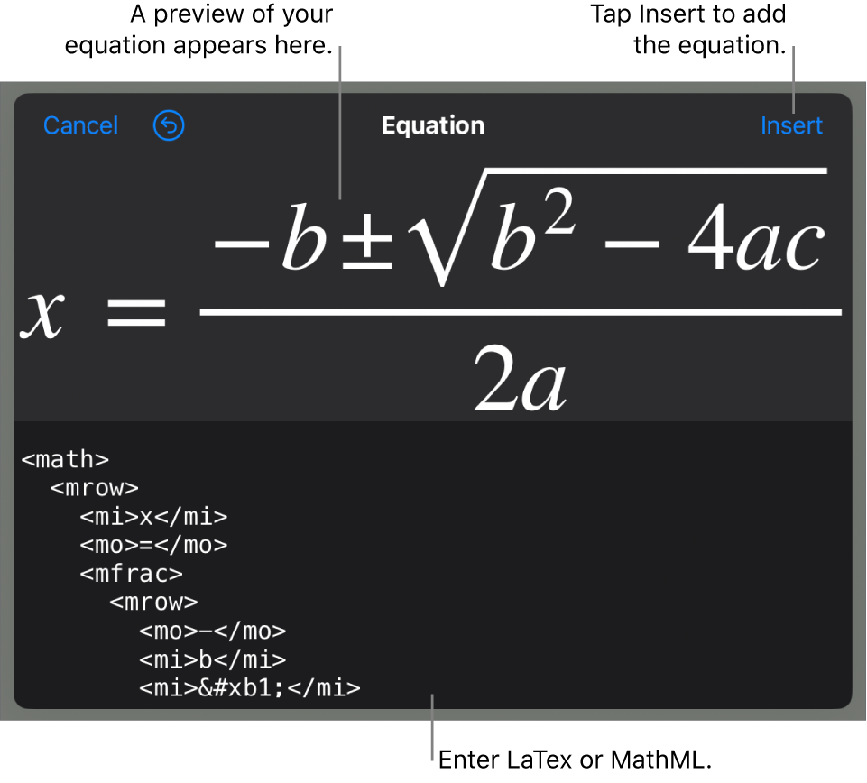 The Equation dialogue, showing an equation written using MathML commands, and a preview of the formula above.