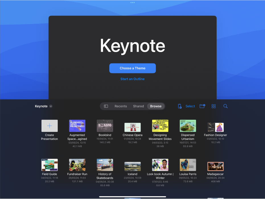 The Keynote document manager with buttons to create a slideshow from a theme or an outline at the top of the screen, and controls to open saved presentations at the bottom.