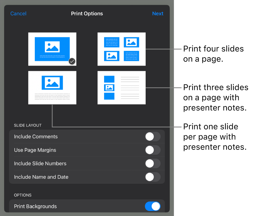 Print layout options.