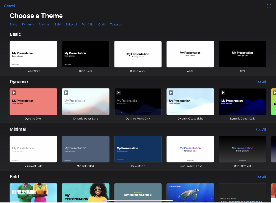 The theme chooser, showing a row of categories across the top that you can tap to filter the options. Below are thumbnails of predesigned themes arranged in rows by category.