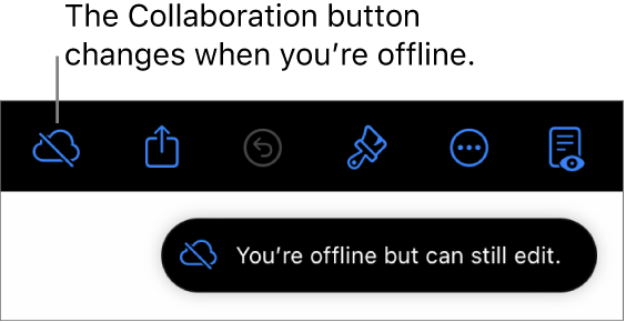 The buttons at the top of the screen, with the Collaboration button changed to a cloud with a diagonal line through it. An alert on the screen says “You’re offline but can still edit.”