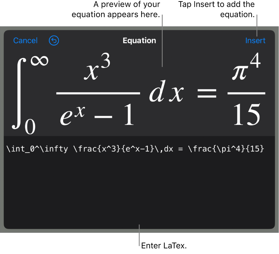 The Equation dialogue, showing an equation written using LaTex commands, and a preview of the formula above.