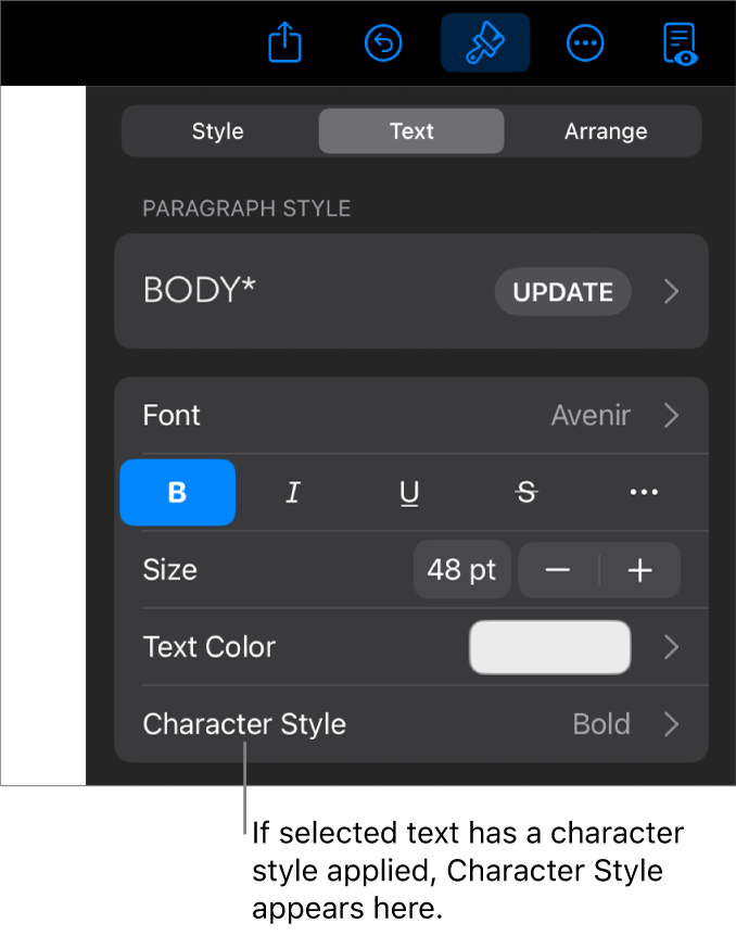 The Text formatting controls with Character Style below the Color controls. The character style None appears with an asterisk.