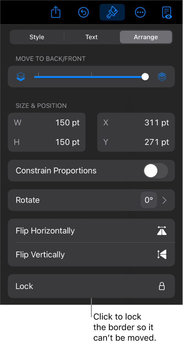 The Arrange controls in the Format menu with the Lock button called out.