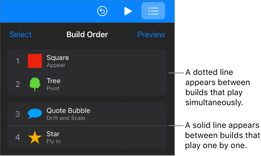 The Build Order menu, with a dotted line appearing between builds that play simultaneously and a solid line between builds that play one by one.