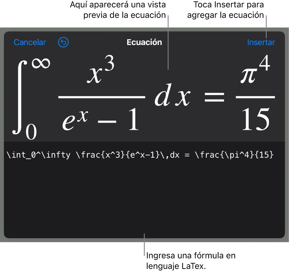 El cuadro de diálogo Ecuación con una ecuación escrita con comandos de LaTeX y una vista previa de la fórmula encima.