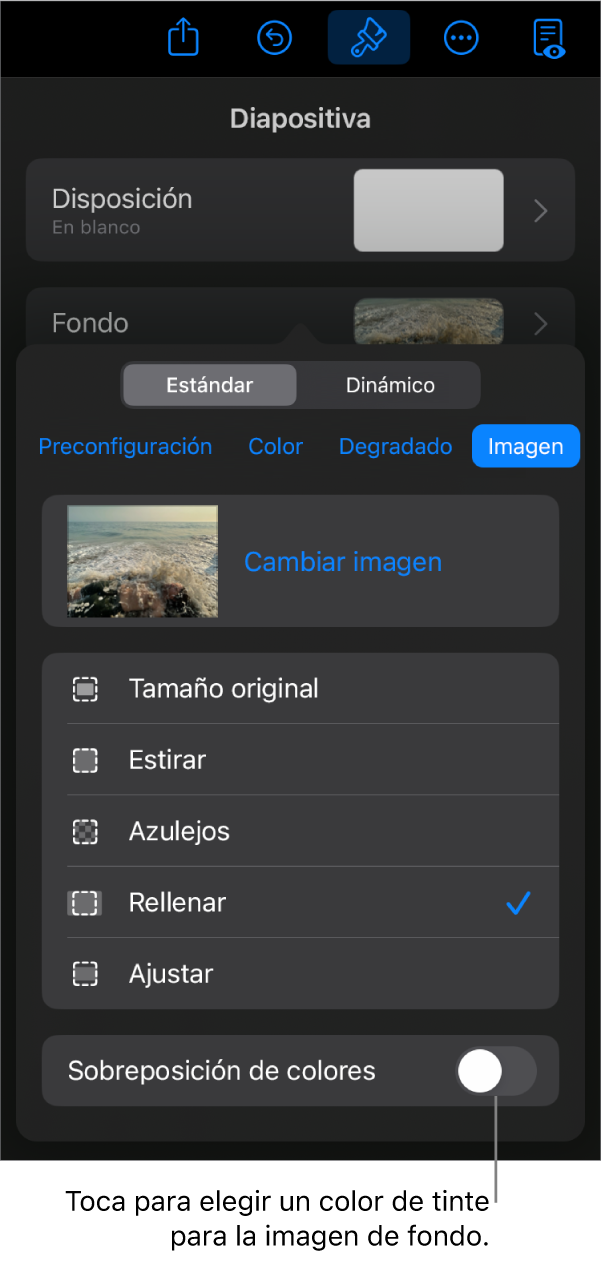 Los controles Fondo con una imagen establecida como fondo de la diapositiva y el control Sobreposición de colores en la parte inferior.