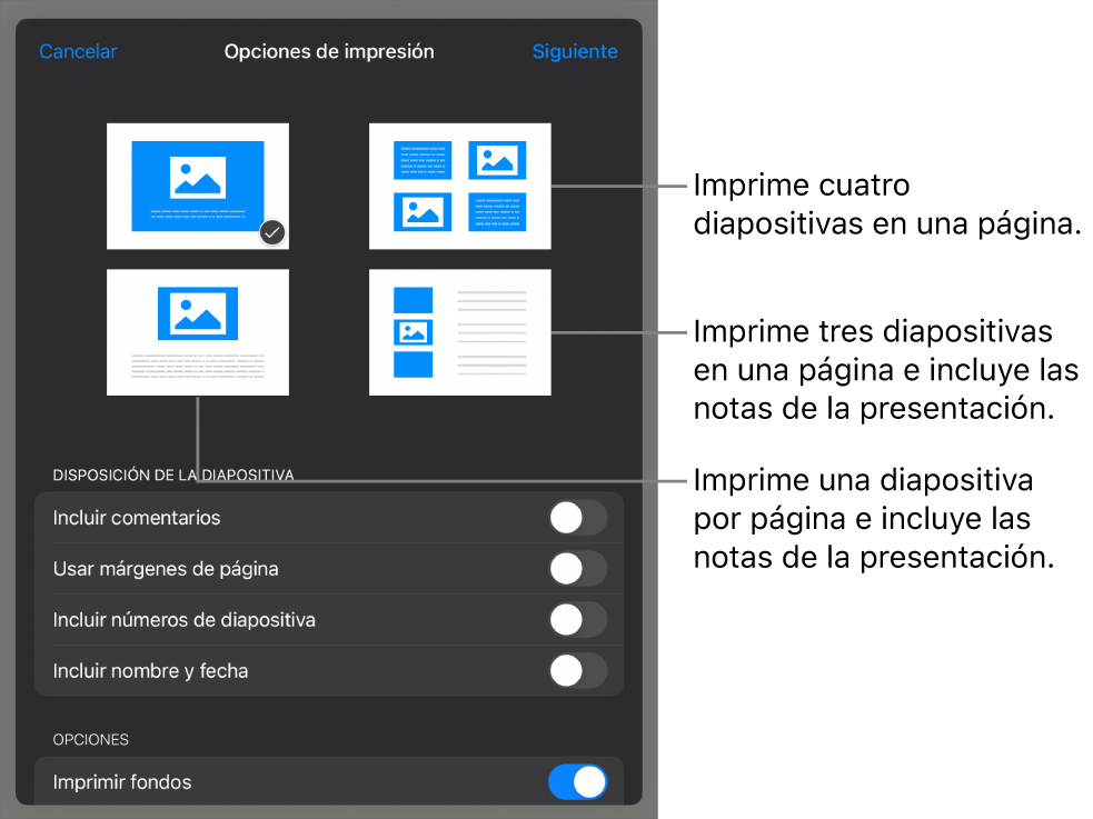 Opciones de disposición de impresión.