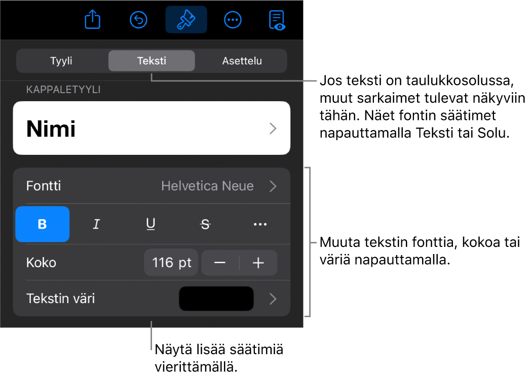 Muoto-valikon tekstisäätimet kappale- ja merkkityylien, fontin, koon ja värin valitsemista varten.