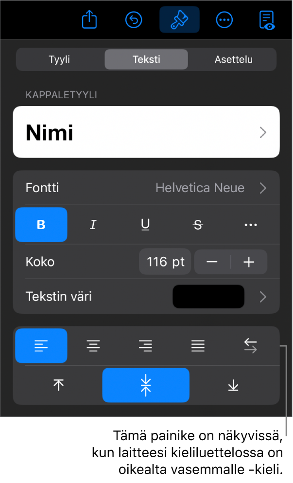 Muoto-valikon tekstisäätimet ja selite Vasemmalta oikealle -painikkeeseen.