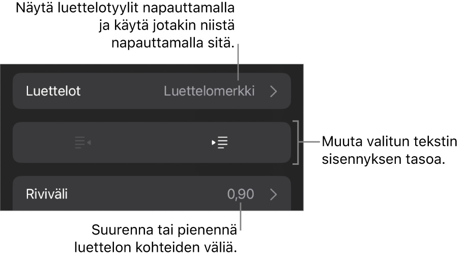 Muoto-säätimien Luettelot-osio, jossa on selitteet Luetteloihin, ulonnus- ja sisennyspainikkeisiin ja rivivälisäätimiin.