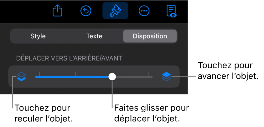 Le bouton de déplacement vers l’arrière, le bouton de déplacement vers l’avant et le curseur de superposition.