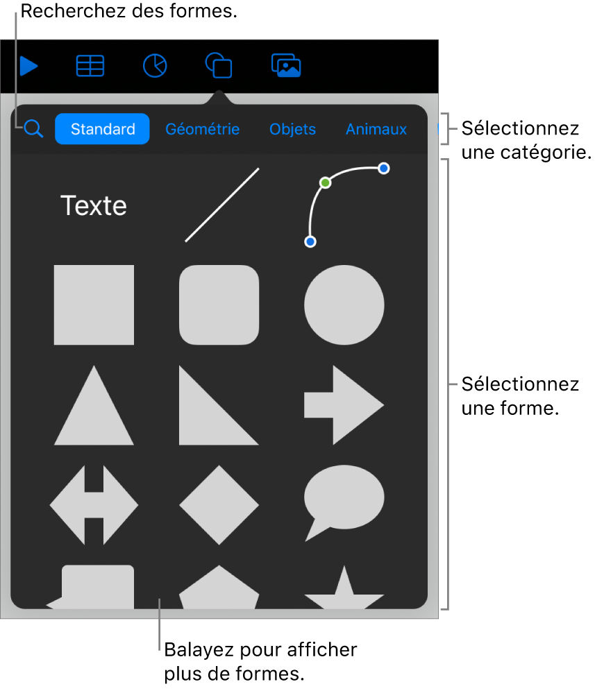 Bibliothèque de formes, les catégories étant affichées en haut et les formes, en bas. Utilisez le champ de recherche situé en haut pour rechercher des formes. Balayez également l’écran pour en trouver d’autres.